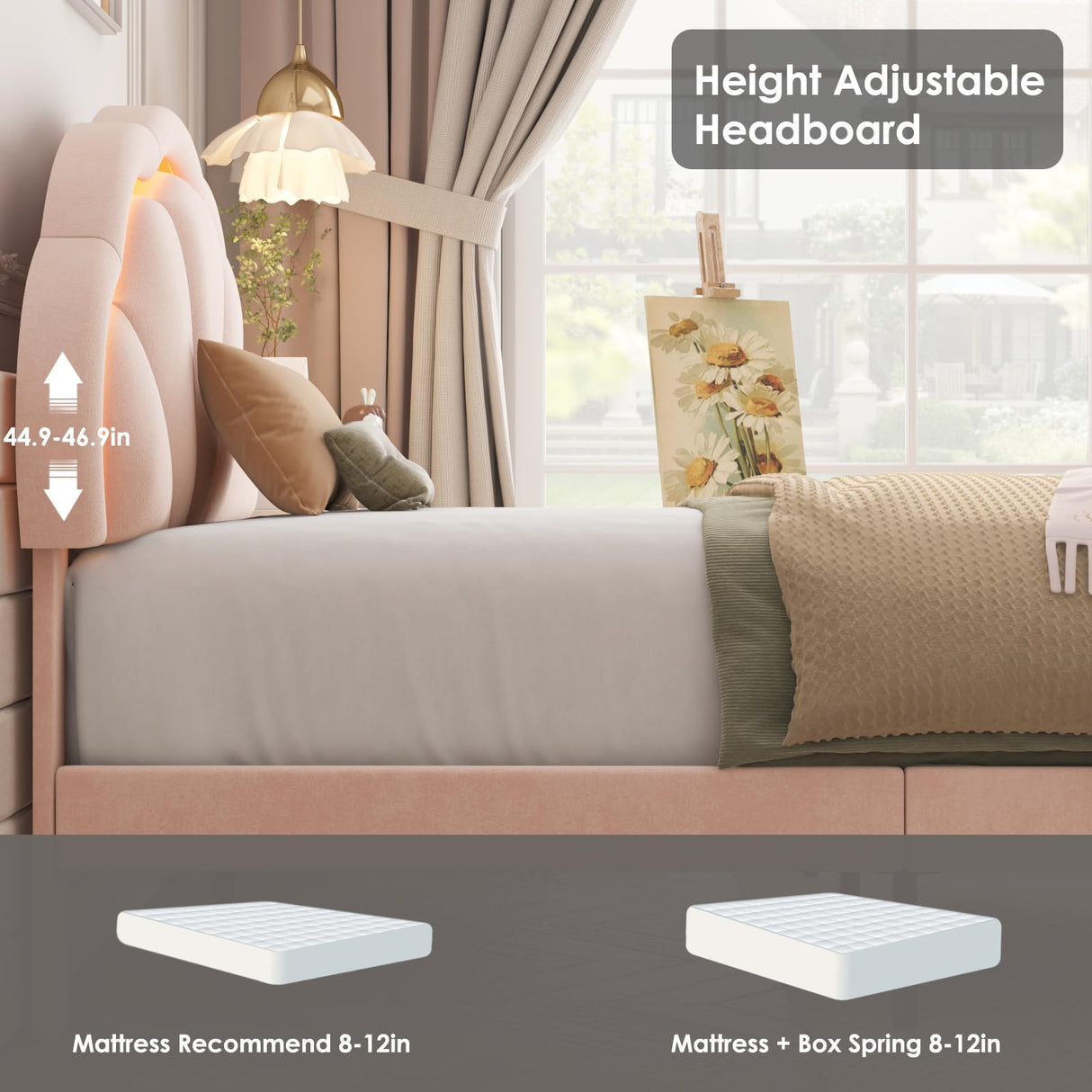 HIFIT Twin Upholstered Smart LED Bed Frame with Adjustable Chic Petal Headboard, Princess Twin Size Platform Bed Frames for Kids/Girls, Wooden Slats Support, No Box Spring Needed, Easy Assembly, Pink HIFIT