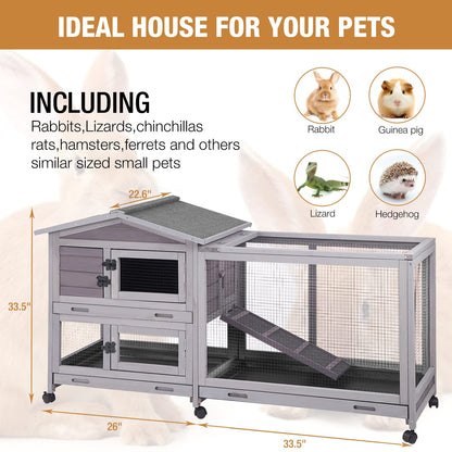 Bunny Cage Indoor and Outdoor Rabbit Hutch with Casters Waterproof Roof, Pull Out Tray from Back and Front - WoodArtSupply