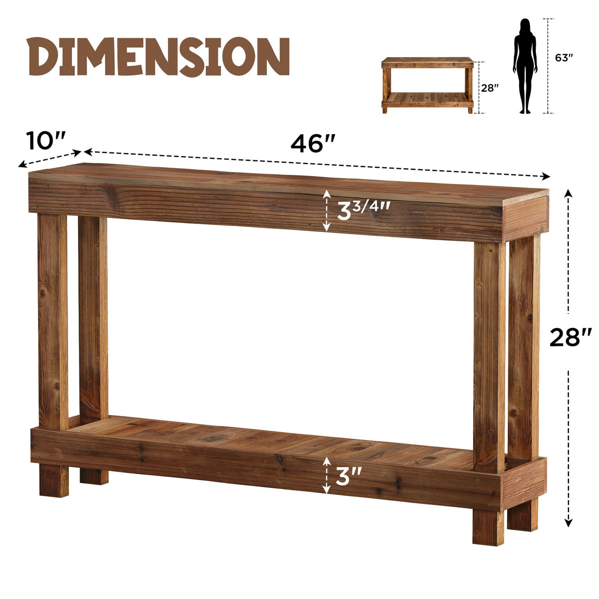 SMARTSTANDARD 46-Inch Long Console Table, Farmhouse Console Sofa Table, Solid Wood Entryway Table for Hallway, Living Room, Entrance, 2 Tiers, Easy Assembly, Natural Brown SMARTSTANDARD