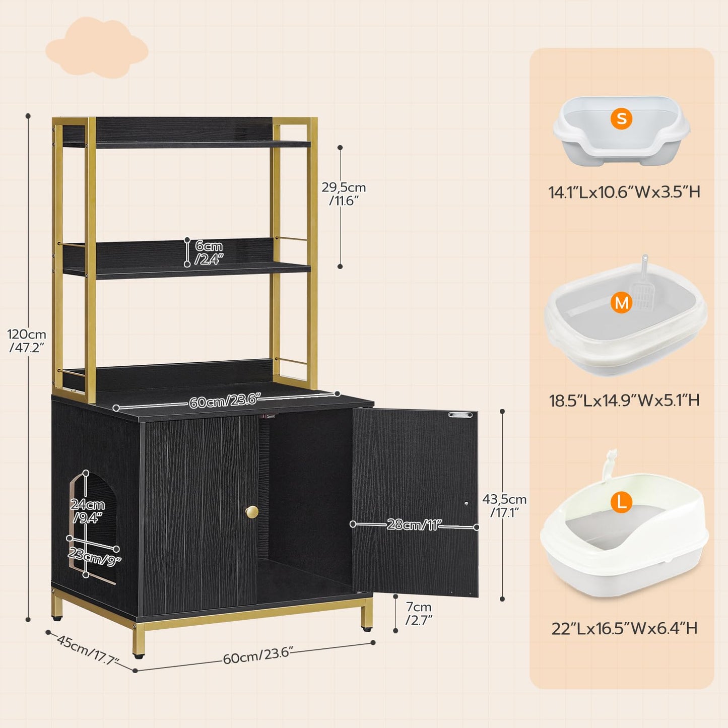 HOOBRO Litter Box Enclosure with Shelves, Wooden Cat Litter Box Furniture, Large Hidden Litter Box with Doors, Storage Cabinet, for Most of Litter Box, 23.6" x 17.7" x 47.2", Black BD62MW01 - WoodArtSupply