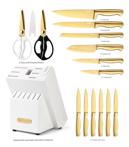 McCook® Knife Sets, Golden Titanium Stainless Steel Kitchen Knife Block Sets with Built-in Sharpener