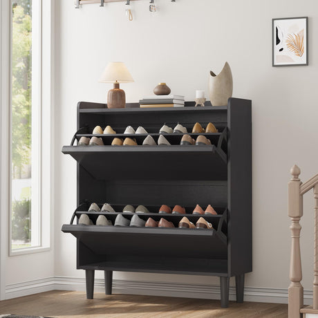 GarveeHome Shoe Cabinet with 2 Flip Drawers, Wooden Shoe Organizer Cabinet with Adjustable Shelf, Shoe Storage for Entryway, Hidden Shoe Cabinet for Hallway, Living Room, Black GarveeHome