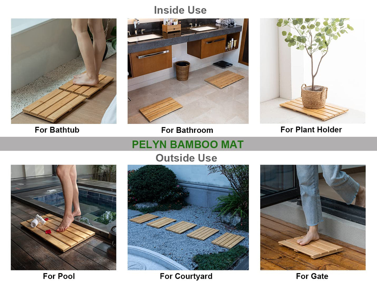 PELYN Bamboo Wooden Mini Bath Shower Mats for Small Bathroom, Small Bamboo Wood Bathroom Floor Mat, Sturdy and Easy to Clean(15.8 x 10.2 Inch) PELYN