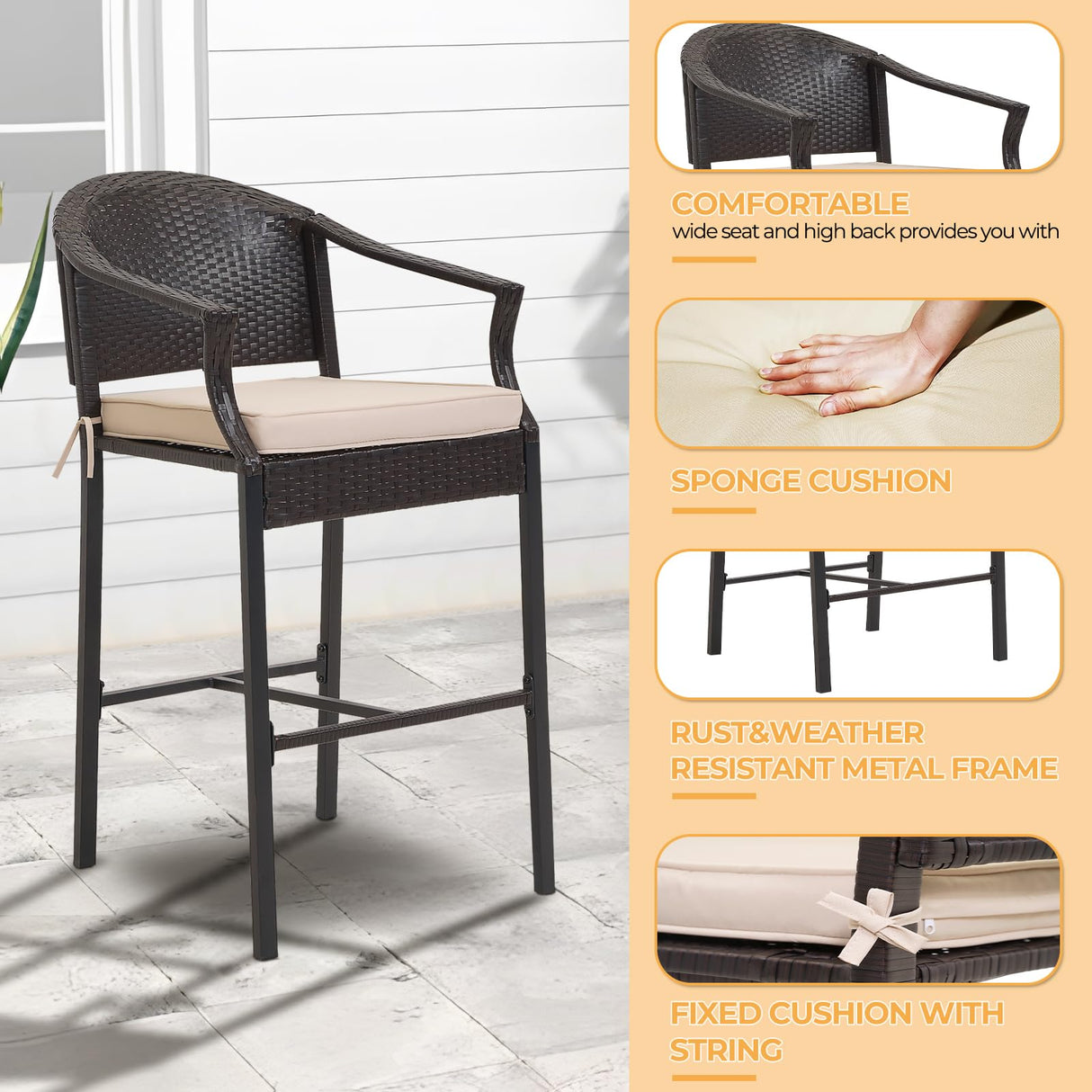 FHFO 3 Piece Outdoor Patio Heigh Bar Table and Chairs Set, Wicker Bar Height Bistro Table Set of 2, All-Weather Rattan Height Bar Stools w/Cushions & Metal Table Top for Porch, Garden, Balcony-Beige FHFO