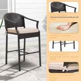 FHFO 3 Piece Outdoor Patio Heigh Bar Table and Chairs Set, Wicker Bar Height Bistro Table Set of 2, All-Weather Rattan Height Bar Stools w/Cushions & Metal Table Top for Porch, Garden, Balcony-Beige FHFO