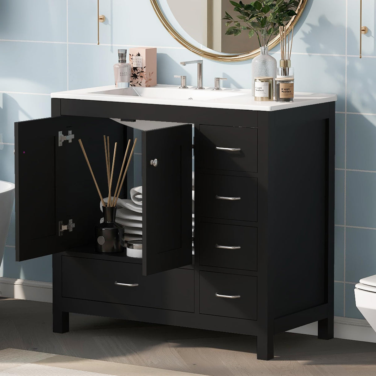 Harper & Bright Designs 36" Bathroom Vanity with Sink, Free Standing Single Basin Vanity Set with Two Doors and 5 Drawers, Solid Wood Bathroom Cabinet with Ceramic Basin for Bathroom, Black Harper & Bright Designs
