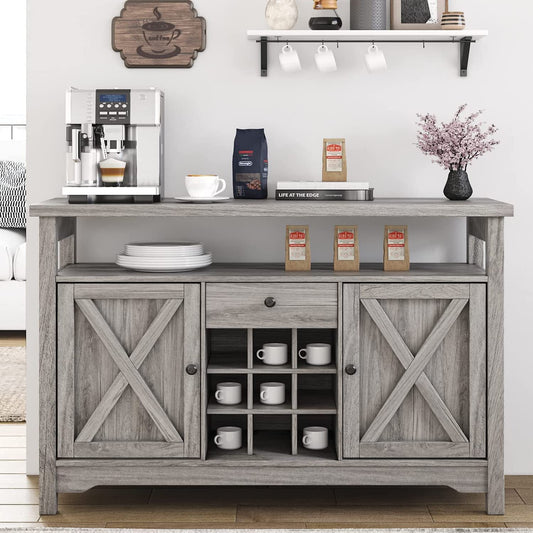 4ever2buy Coffee Bar Cabinet with Storage, Farmhouse Coffee Bar with 9 Wine Racks Barn Door, Gray Wine Bar Cabinet with Drawer, Bar Cabinet with Adjustable Shelf for Dining, Living Room