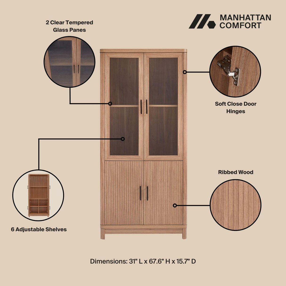 Manhattan Comfort Jodie Bookcase with 6 Adjustable Shelves, Tempered Glass Doors and Ribbed Wood Accents, Mid-Century Modern Book Shelf for Home Office & Living Room Storage, Set of 1, Maple Manhattan Comfort