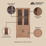 Manhattan Comfort Jodie Bookcase with 6 Adjustable Shelves, Tempered Glass Doors and Ribbed Wood Accents, Mid-Century Modern Book Shelf for Home Office & Living Room Storage, Set of 1, Maple Manhattan Comfort