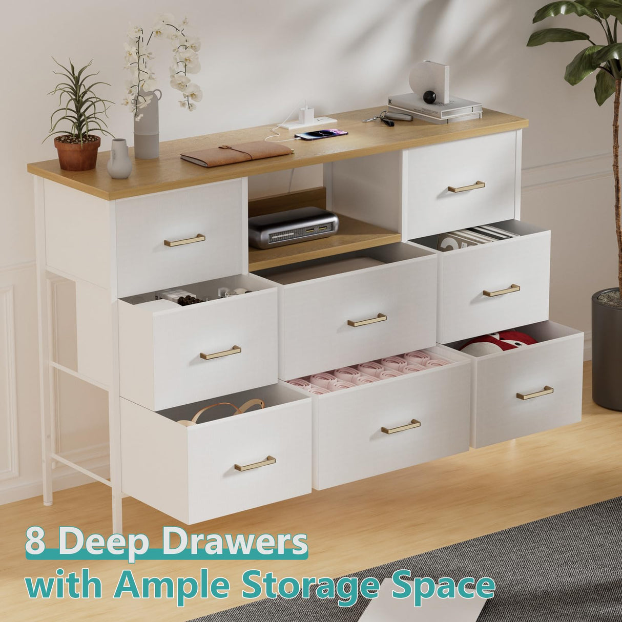 VASICAR White Dresser with LED Lights & Power Outlets, Dresser TV Stand with 8 Drawers for 55" TV, Fabric Chest of Drawers for Bedroom, Living Room, Entryway VASICAR