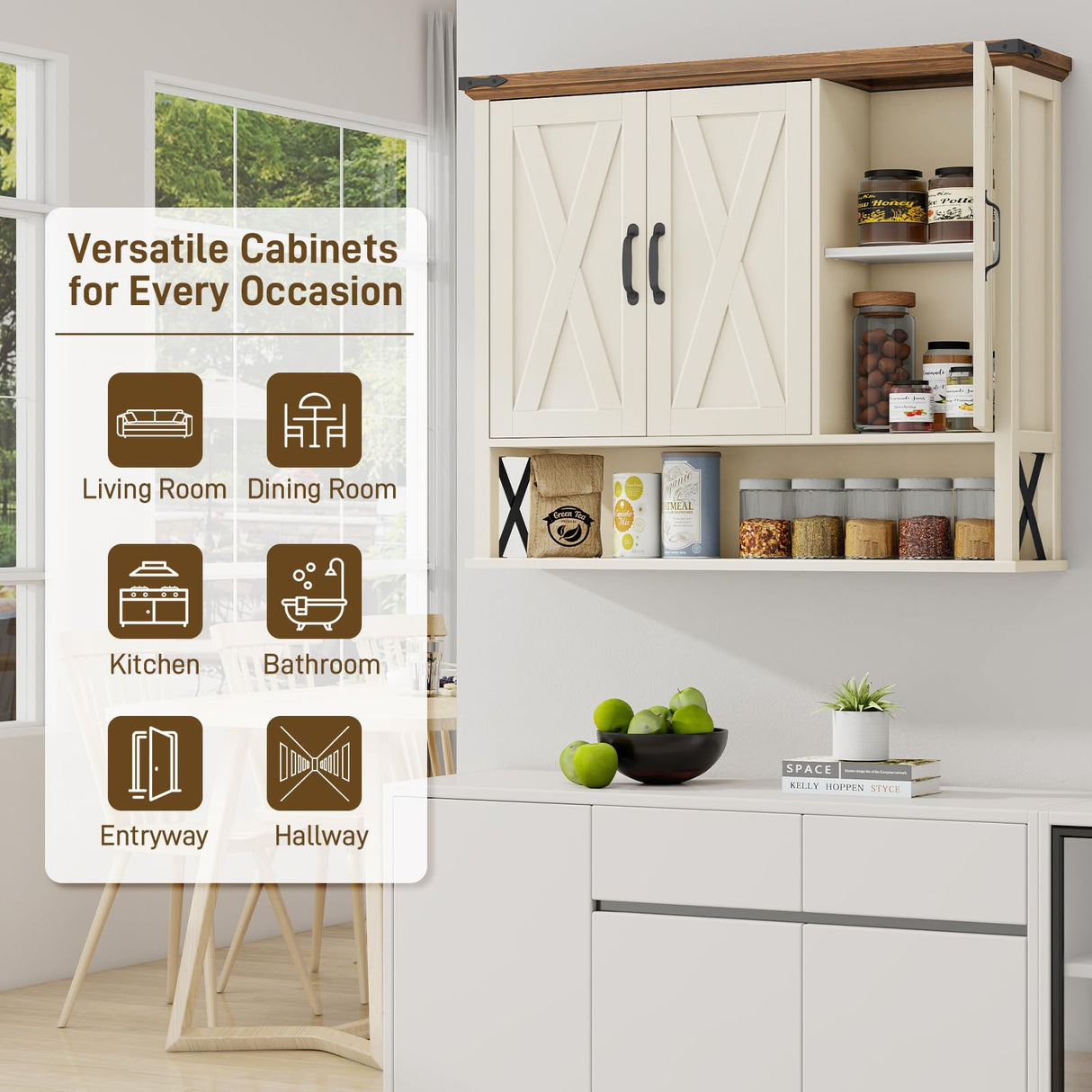 Halitaa Bathroom Wall Cabinet, Farmhouse Medicine Cabinet with Adjustable Wood Shelf & 3 Doors, Over The Toilet Storage Cabinet for Wall Mounted for Bathroom Laundry Room Kitchen, White and Brown Halitaa