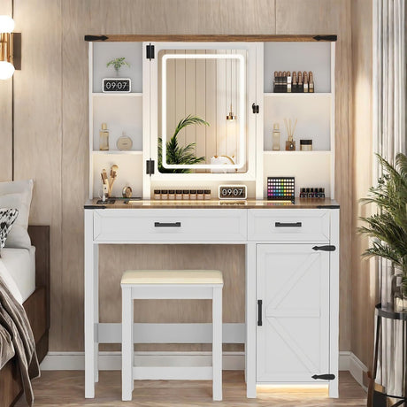 GlasFlength Farmhouse Makeup Vanity with Lighted Mirror,Vanity Desk with Charging Station,Vanity Table with Hidden Jewelry Cabinet,40'' Makeup Table with Glass Tabletop,Stool Included,Vintage White GlasFlength