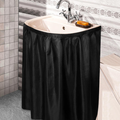 Windkream Fabric Sink Skirt Diamond Bathroom Stitch Self Stick Adhesive Waterproof Fabric Under Sink Curtain Skirt 55 x 32 Inch Adds Bathroom Storage(Black,Classic Style)