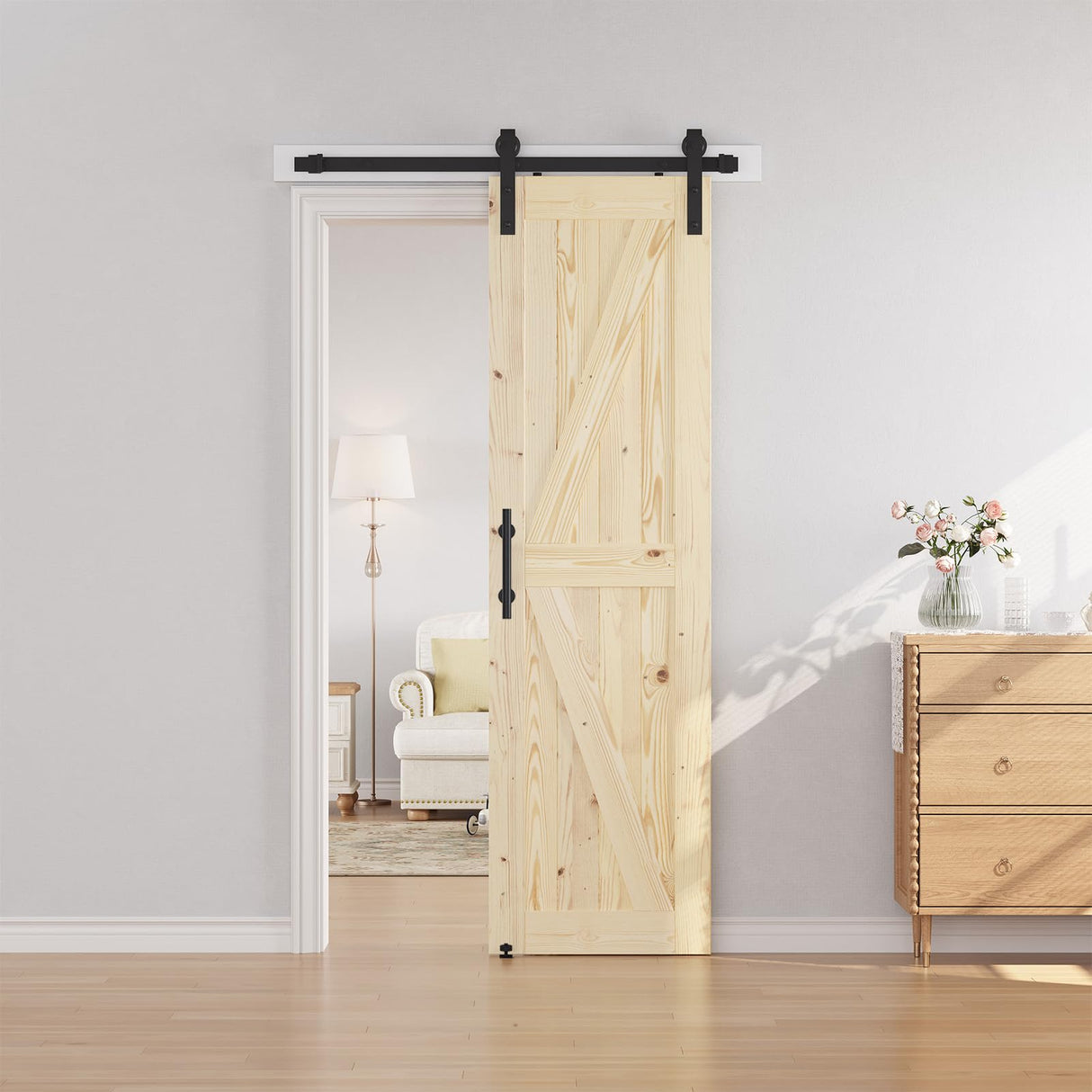 SmartStandard 24in x 84in Sliding Barn Wood Door Pre-Drilled Ready to Assemble, DIY Unfinished Solid Spruce Wood Panelled Slab, Interior Single Door Only, Natural, K-Frame (Fit 4FT Rail) SMARTSTANDARD