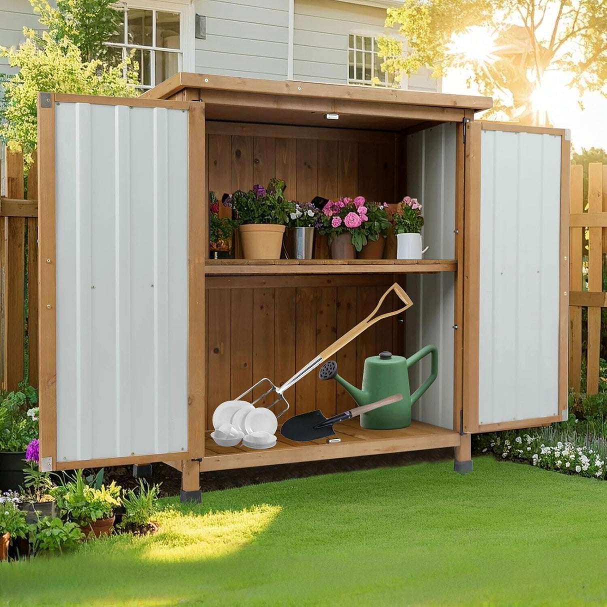 Outdoor Storage Cabinet, Small Wood & Metal Storage Shed with Lockable Doors & Adjustable Shelves, Vertical Outdoor Cabinets for Patio Backyard,Garden Tool Shed and Accessories, Brown Magazoopet