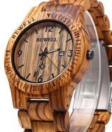 BEWELL ZS-W086B Mens Wooden Watch Analog Quartz Movement Date Display Lightweight Wood Wrist Watch (Zebra Wood) BEWELL