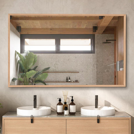 TheiaMo 48"x30" Bathroom Mirror with Natural Wood Frame for Wall, Large Rectangle Vanity Mirror Rustic Farmhouse Decor Mirror, Anti-Rust Explosion-proof, Hangs Horizontally or Vertically, Solid TheiaMo