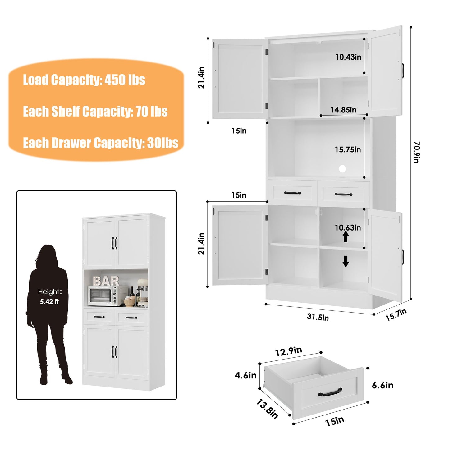 HOSTACK 71“ Tall Kitchen Pantry Storage Cabinet, Modern Kitchen Hutch Bar Cabinet with Microwave Stand, Wood Buffet Sideboard with Hutch, Cupboard with Drawers, Shelves for Dining Room, White