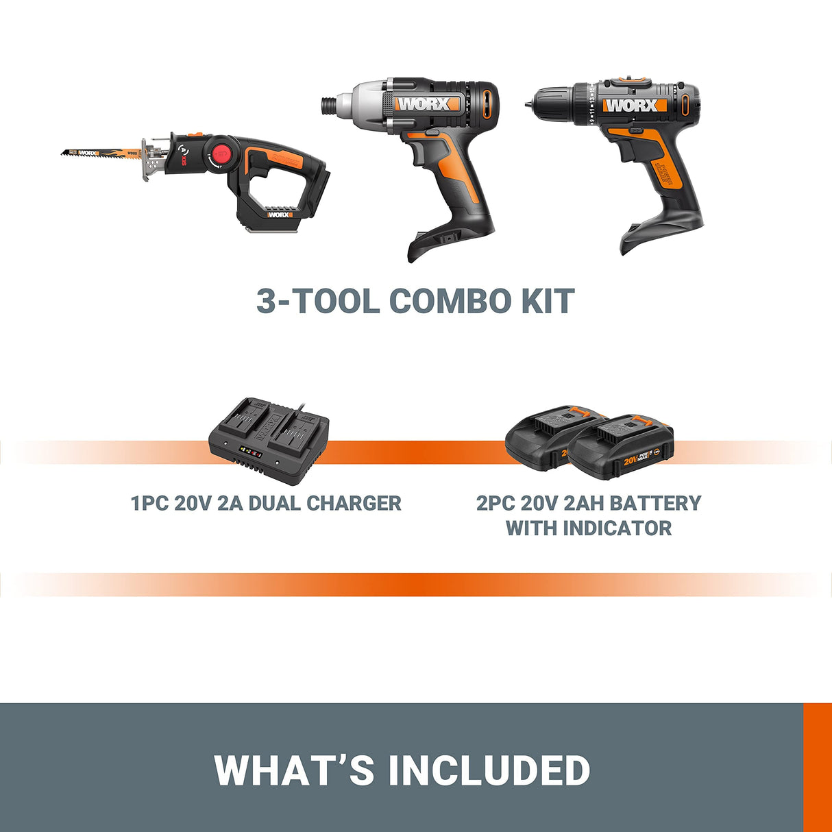WORX 20V Cordless Drill Driver，Impact Driver and Reciprocating Saw，WX911L Power Tool Combo Kit ，2 * 2.0Ah Batteries & Charger Included WORX