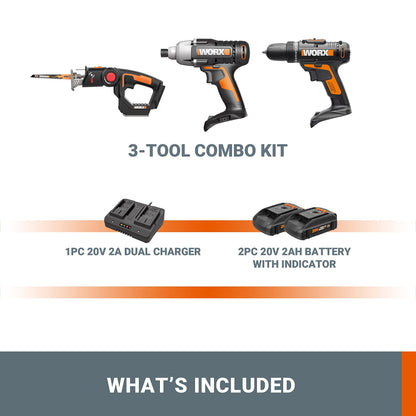 WORX 20V Cordless Drill Driver，Impact Driver and Reciprocating Saw，WX911L Power Tool Combo Kit ，2 * 2.0Ah Batteries & Charger Included - WoodArtSupply