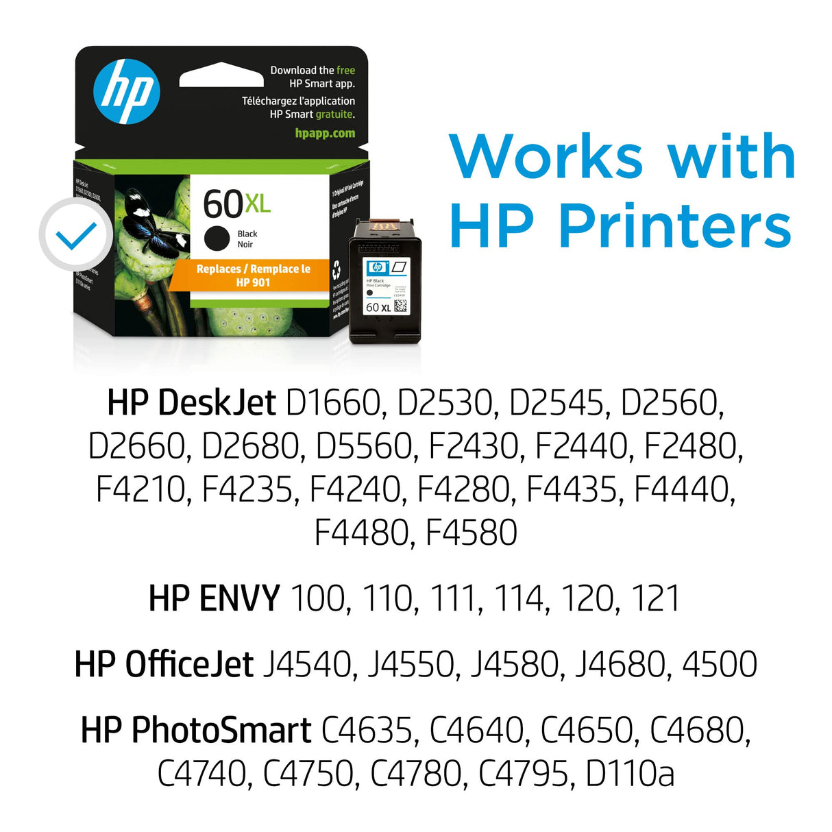 HP 60XL Black High-yield Ink Cartridge | Works with DeskJet D1660, D2500, D2600, D5560, F2400, F4200, F4400, F4580; ENVY 100, 110, 120; PhotoSmart C4600, C4700, D110a Series | CC641WN HP