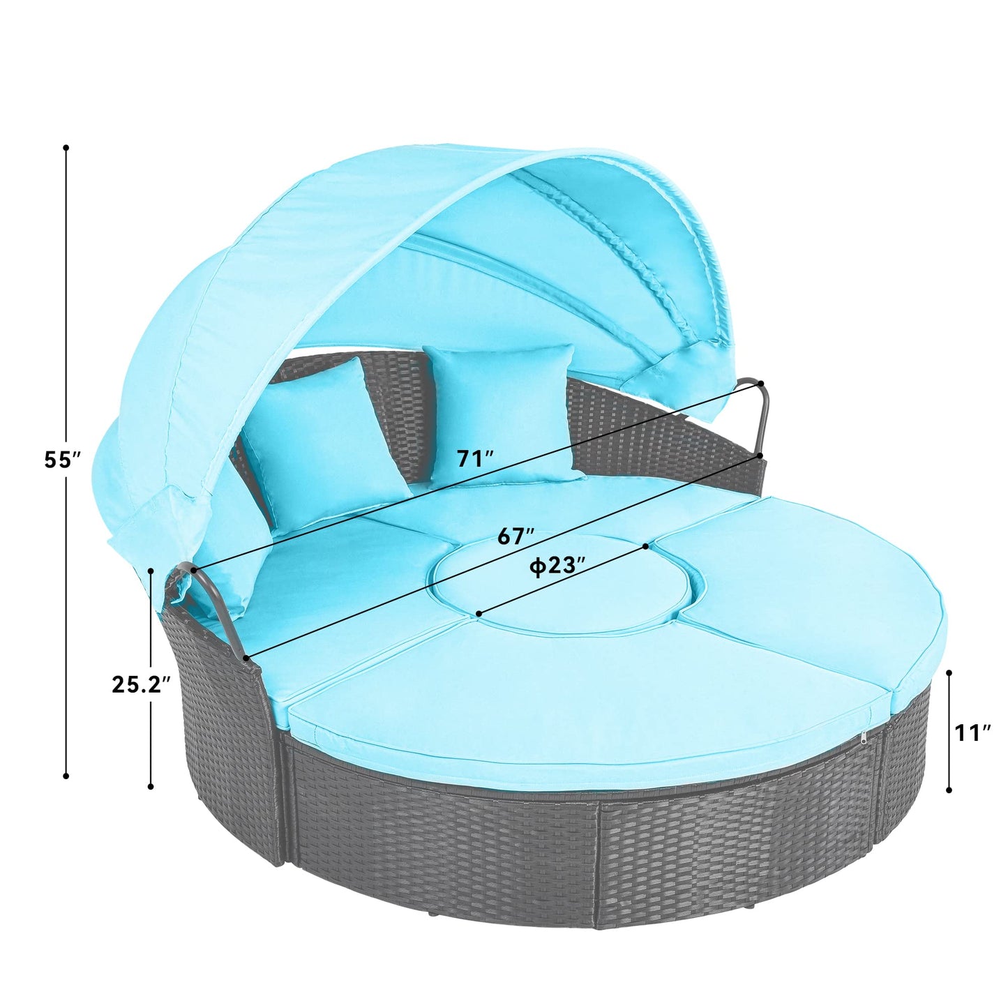 YITAHOME Outdoor Furniture Patio Round Daybed with Retractable Canopy, Soft Cushions, and Storable Side Table for Leisure in Porch Backyard, Turquoise - WoodArtSupply