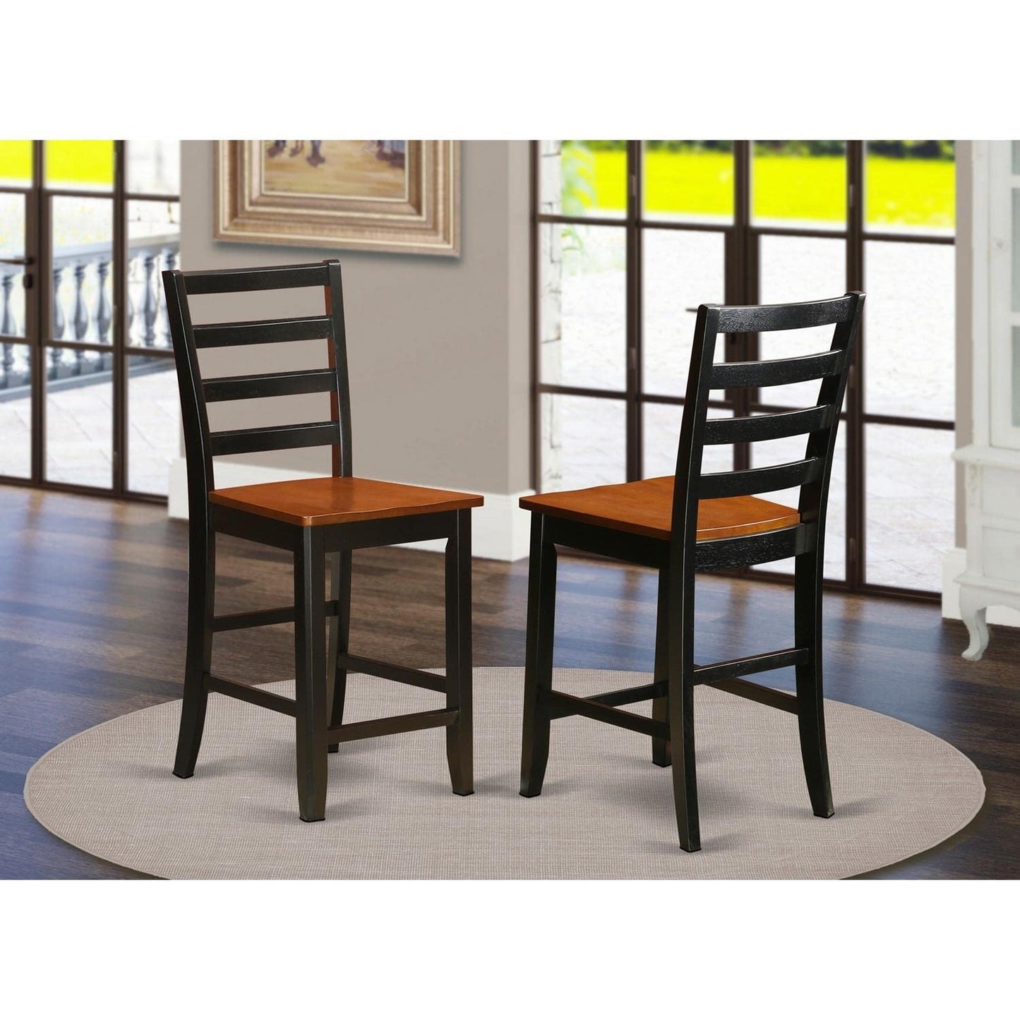 East West Furniture FAS-BLK-W Fairwind Counter Height Barstools - Ladder Back Wood Seat Chairs, Set of 2, Black & Cherry - WoodArtSupply