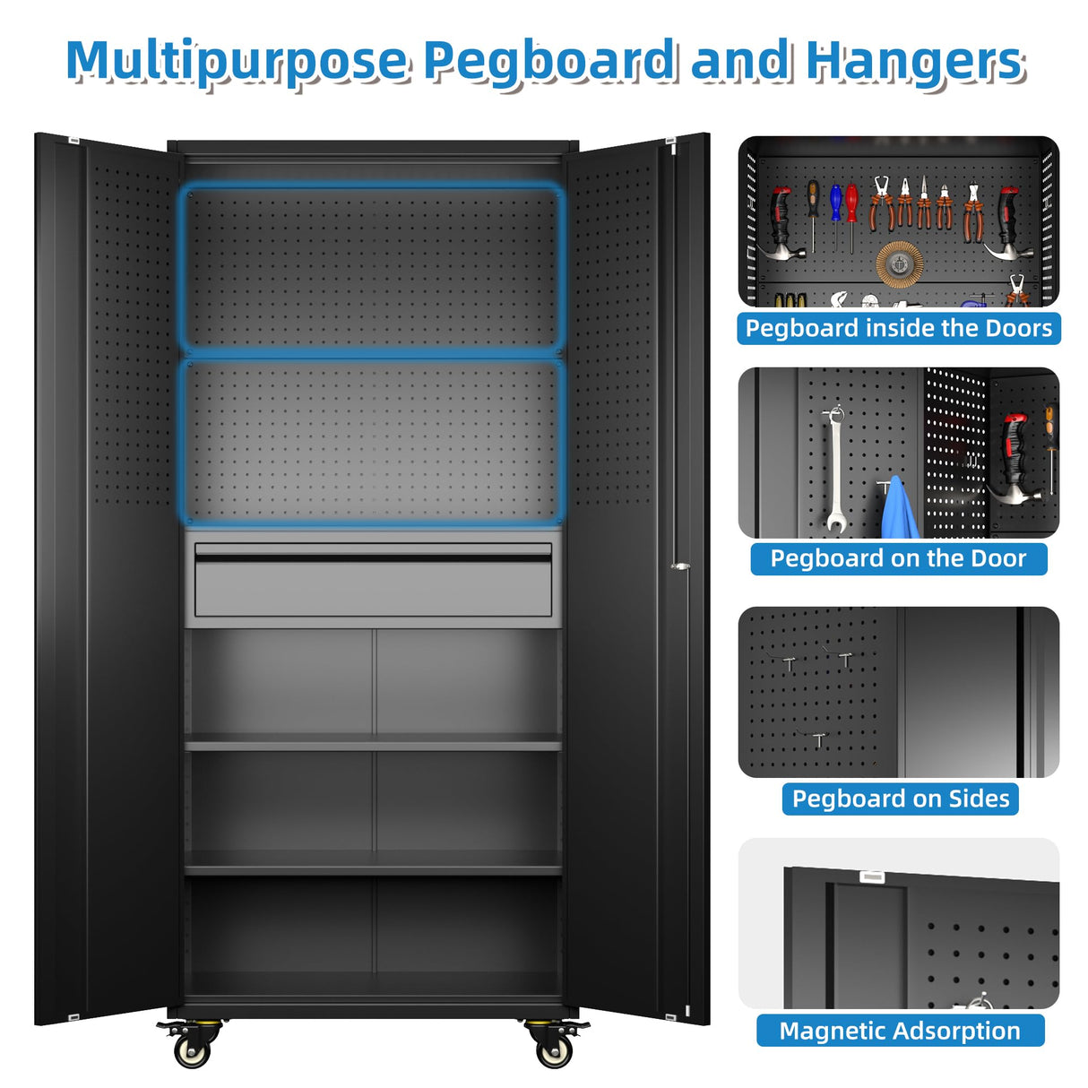 GangMei 71"H Garage Storage Cabinet with Wheels, Drawer, Pegboard and 16 Hooks, Metal Storage Cabinet with Locking Doors and 2 Adjustable Shelves for Garage, Warehouse, Home, Black, Assembly Required GangMei
