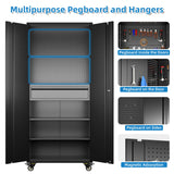 GangMei 71"H Garage Storage Cabinet with Wheels, Drawer, Pegboard and 16 Hooks, Metal Storage Cabinet with Locking Doors and 2 Adjustable Shelves for Garage, Warehouse, Home, Black, Assembly Required GangMei