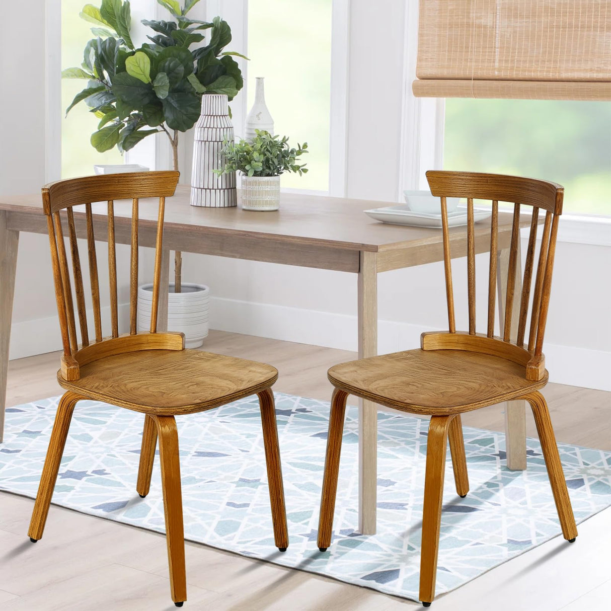 Bekrvio Windsor Chairs Set of 2, Farmhouse Spindle Back Dining Chairs with Bentwood Legs, Solid Wood Armless Dining Room Chair for Kitchen Room, Living Room, Vintage Country Style, Distressed Brown Bekrvio