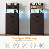 REAHOME 41 Inch Tall Nightstand with Charging Station, LED Night Stand with 6 Fabric Drawers, Bed Side Table with 3-Tier Wood Storage Shelves for Bedroom, Office, Small Spaces, Leather Brown REAHOME