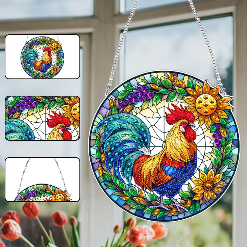 Ceitura 5D DIY Sunrise Rooster Diamond Art Painting Dots Pendant Stained Glass Rhinestone Diamond Art Window Pendants for Garden Window Decor C'eitura