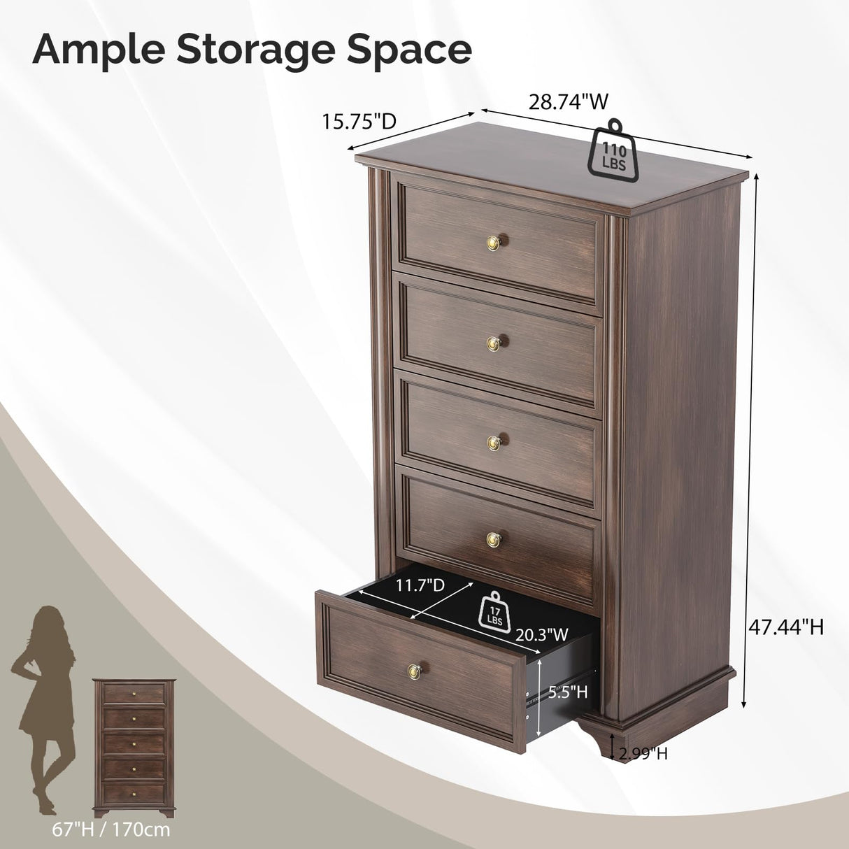 VINGLI 47" Tall Dresser 5 Drawer Chest of Drawers, Wood Dresser for Bedroom, Brown Chest Dressers Wooden VINGLI