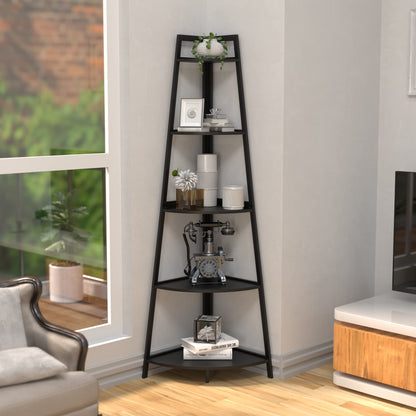 WTZ Modern 5-Tier Bamboo Corner Shelf - 70.8 Inch Tall Open Ladder Bookcase in Matte Black - WoodArtSupply