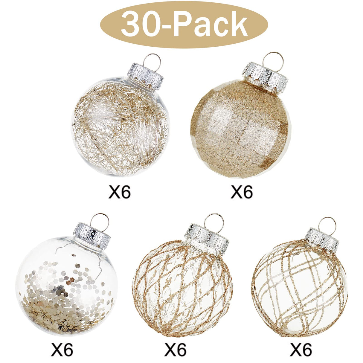 CristBest 30ct Christmas Ball Ornaments-60mm/2.36" Shatterproof Clear Plastic Xmas Balls Baubles Set with Stuffed Delicate Sparkling, Hanging Christmas Tree Decorations (Champagne Gold) CristBest