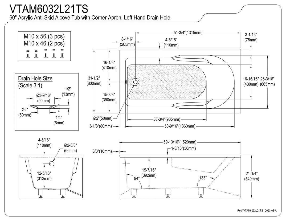 Aqua Eden VTAM6032L21TS 60-Inch Acrylic 2-Wall Corner Alcove Tub with Left Hand Drain, White Kingston Brass