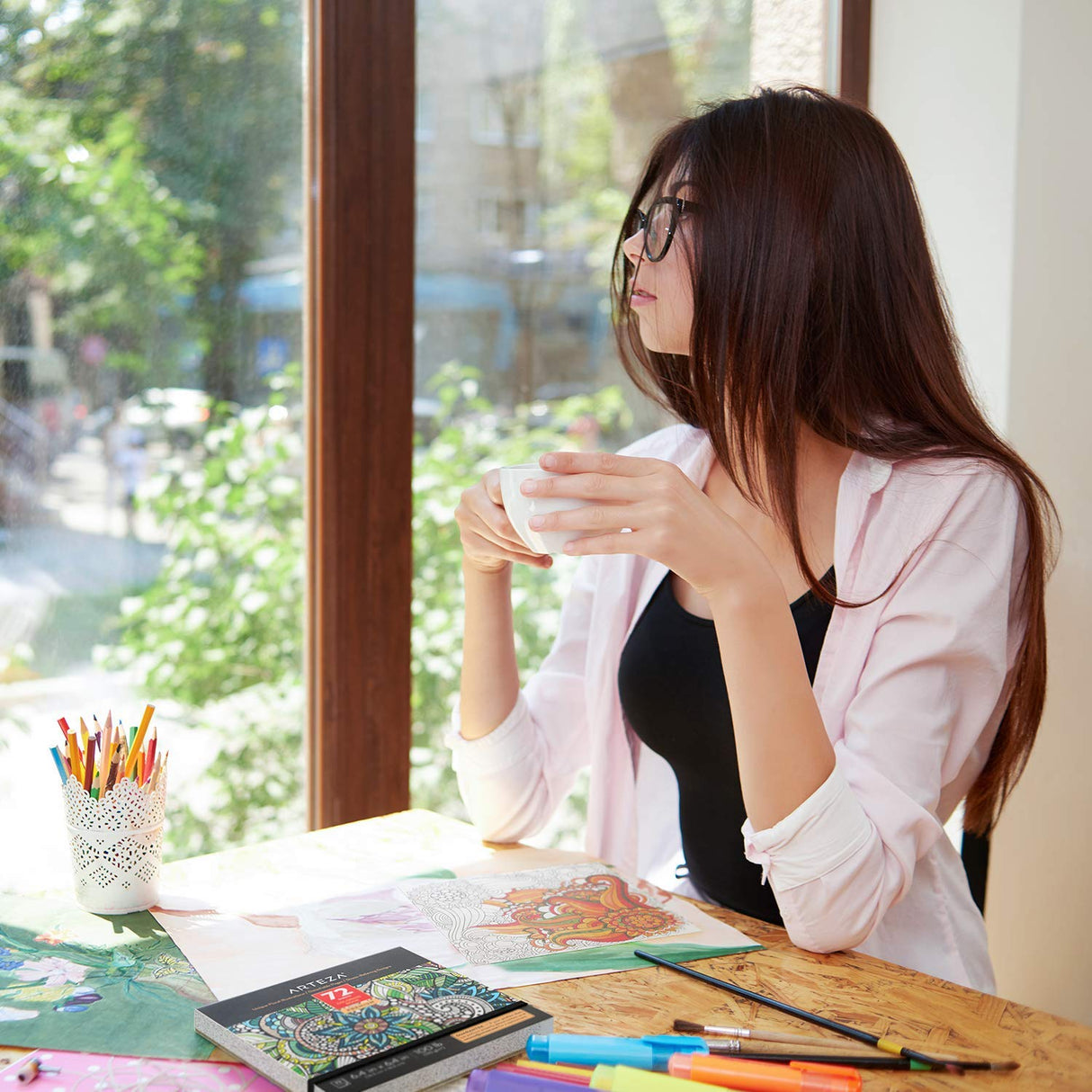 ARTEZA Adult Coloring Book, Floral Designs, 72 Sheets, 6.4x6.4 Inches Coloring Pages, 100 lb Paper, Gray Outlines ARTEZA