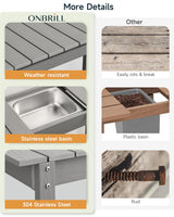 HDPS Outdoor Potting Bench with Sliding Tabletop/ 4 Wheels/Removable Sink, All-Weather Outside Garden Work Table, No Rust/Fade/Break, Potting Station for Porch, Patio & Backyard (Grey) ONBRILL