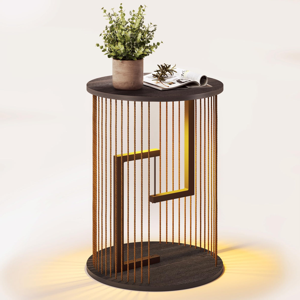 Side Table, Round End Table for Living Room, Bedroom, Black LED Nightstand with Twine Rope Design, Mid Century Modern Wood Accent Coffee Table, Antique Nightstand HUAHUU