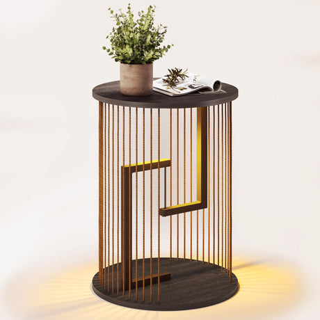 Side Table, Round End Table for Living Room, Bedroom, Black LED Nightstand with Twine Rope Design, Mid Century Modern Wood Accent Coffee Table, Antique Nightstand HUAHUU