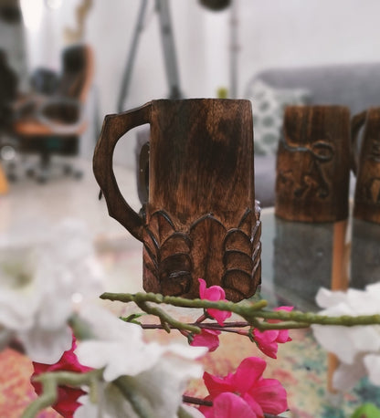 Handcrafted Wooden Beer Mug with Handle Antique Color Floral Cut Design Viking Renissance Beer Tankard Fantasy Mug Rustic Handmade Wood Beer Groomsmen - WoodArtSupply