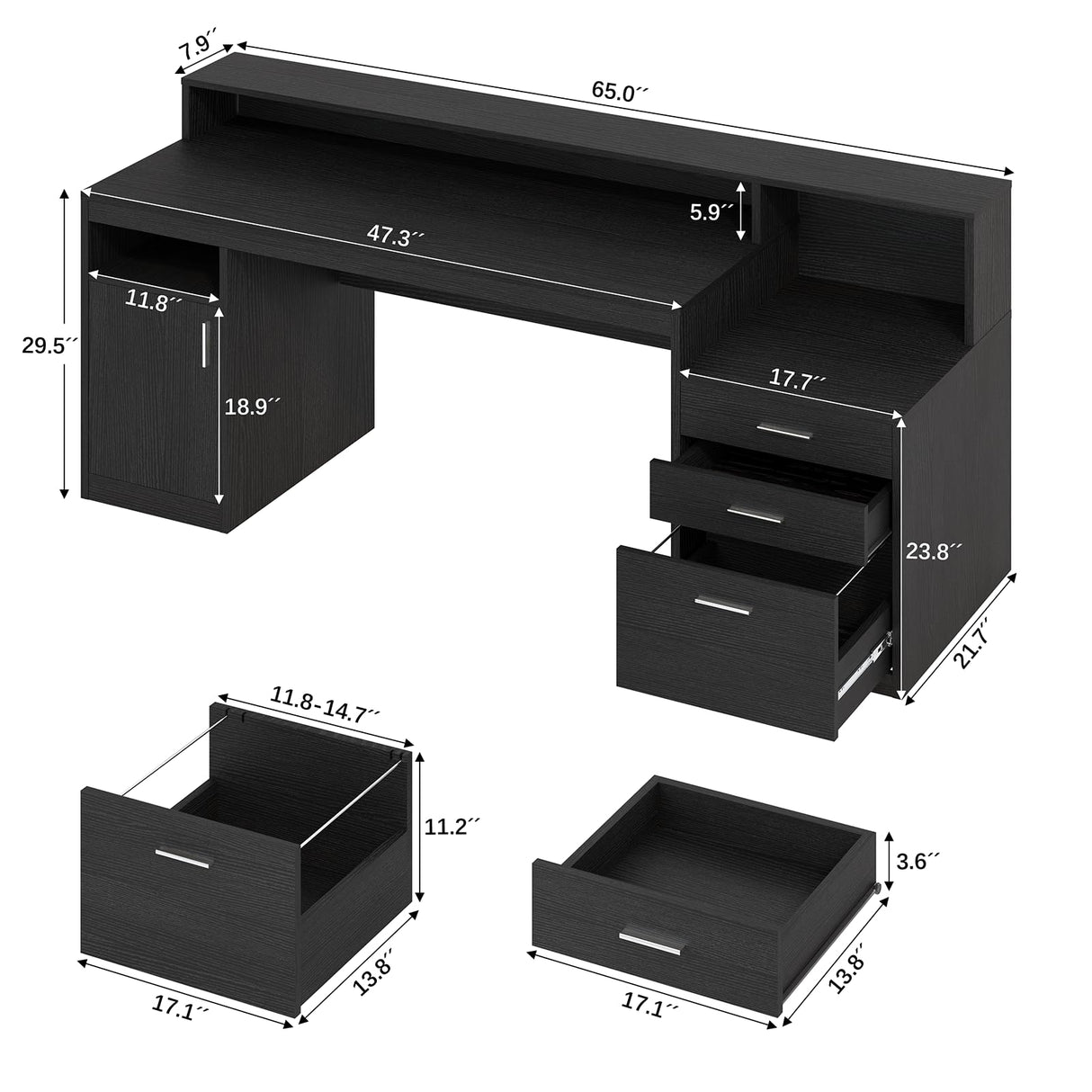YOMILUVE Computer Desk with 3 Drawer & Storage Shelves, Home Office Desk with File Drawer & Cabinet, Writing Study Table with Long Monitor Stand & Printer Shelf, Executive Desk, Black YOMILUVE