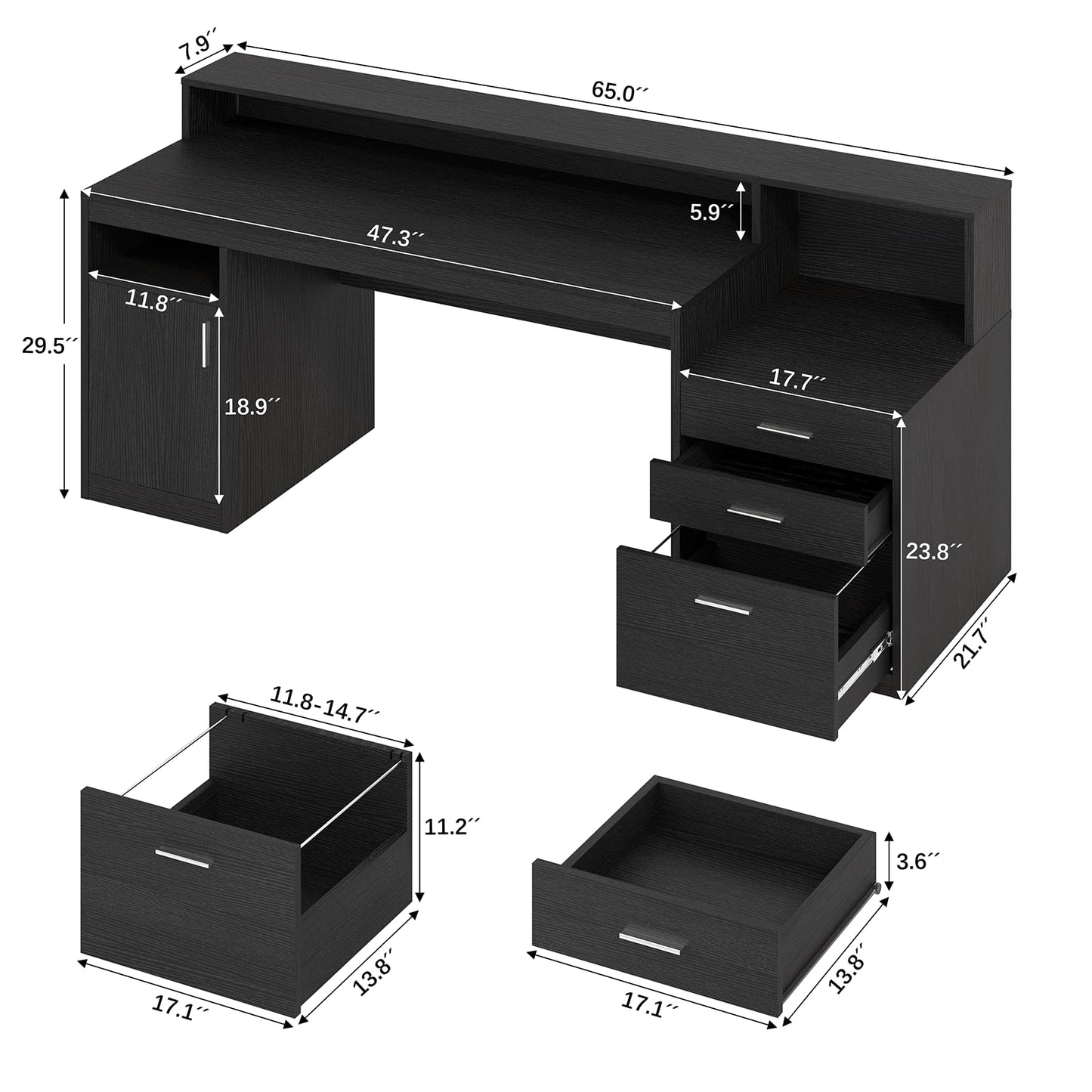 YOMILUVE Computer Desk with 3 Drawer & Storage Shelves, Home Office Desk with File Drawer & Cabinet, Writing Study Table with Long Monitor Stand & Printer Shelf, Executive Desk, Black