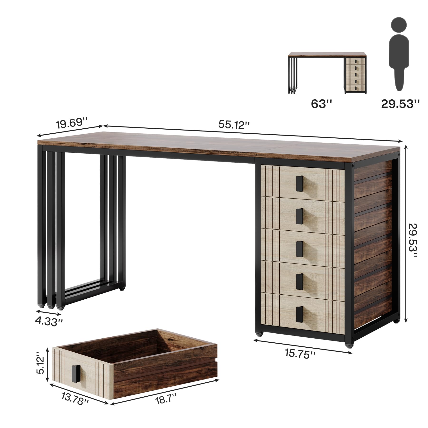 Tribesigns Computer Desk with 5 Drawers, 55" Home Office Desk with Reversible Drawer, Industrial Study Work Writing Desk with Storage, Simple Wood Laptop Desk for Small Space, Brown & Oak - WoodArtSupply