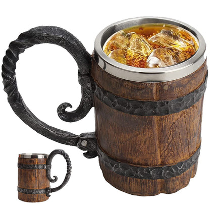 Wooden Beer Mug Beer Barrel, Large Viking Cup Wood Style Beer Mug Tankard with Handle, Antique gifts for Men Bar Restaurant Vintage Bar Accessories(18.60oz/550ml) - WoodArtSupply