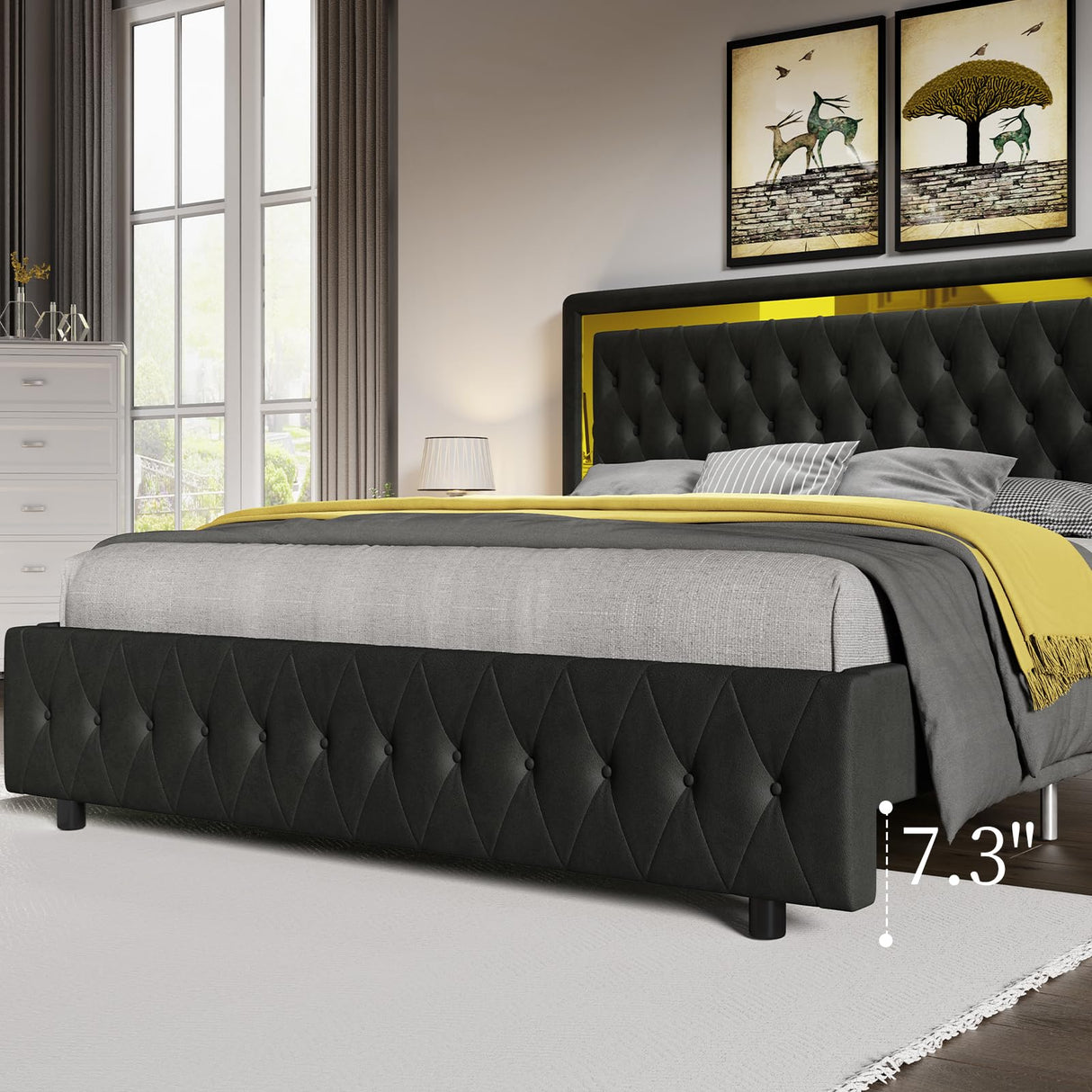 Jocisland Full Bed Frame with LED Lights Headboard&Footboard, Velvet Upholstered Full Size Platform Bed Frame No Box Spring Needed/Black Jocisland