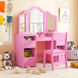 Costzon Kids Vanity, 2 in 1 Princess Makeup Desk & Chair Set with Tri-Folding Mirror, 4 Storage Bins, Wooden Toddler Vanity Dressing Table, Pretend Play Vanity Set for Little Girls (Pink) Costzon