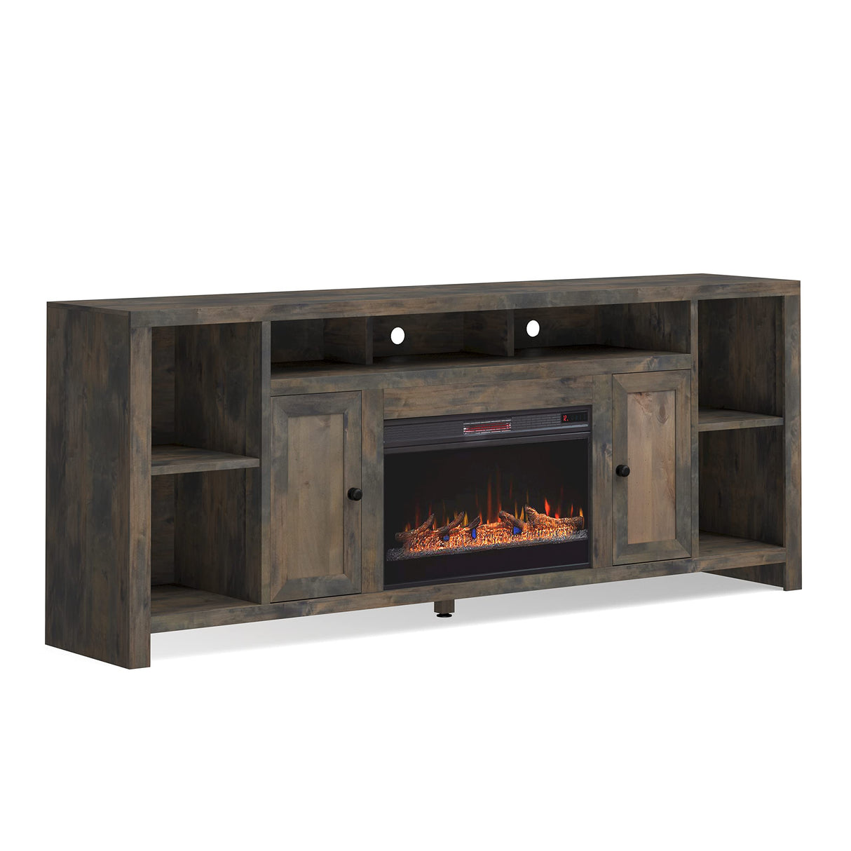 Bridgevine Home Joshua Creek Rustic 84 inch Electric Fireplace TV Stand Entertainment Center with Fireplac for 95 inch TVs, Minimal Assembly, Knotty Alder Solid Wood, Barnwood Finish Bridgevine Home