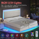AMERLIFE Distressed White Queen Bed Frame with Floating Design, Reclining Headboard, and Versatile LED Lighting AMERLIFE