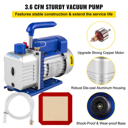 VEVOR Vacuum Chamber with Pump, 1.5 Gallon Vacuum Chamber for Resin Degassing, 3.6CFM 1/4HP Vacuum Pump, Acrylic Lid Easy Monitoring, Copper Wire Motor, Sturdy and Stable